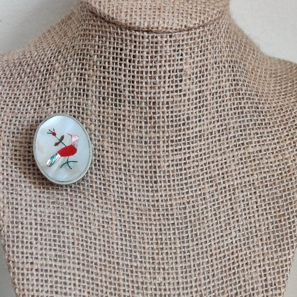 Vintage Zuni Style Southwestern Abalone Cardinal Red Bird - Picture 4 of 14